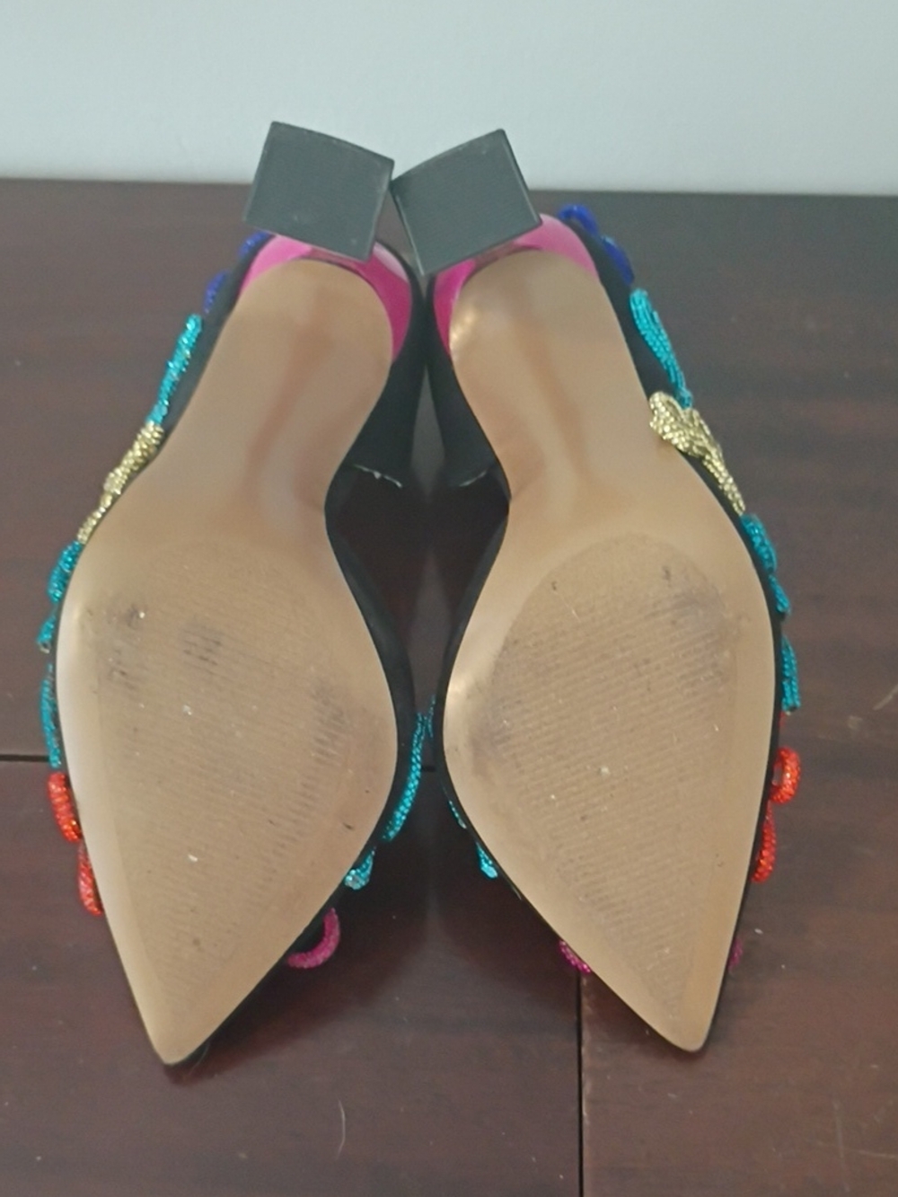 Betsey Johnson Black Pointed Pumps with Multicolor Beaded Flower Accents. Size 6 - Picture 5 of 5